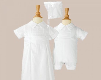 Boys 100% Cotton Convertible Christening Baptism Gown & Romper Set with Hat