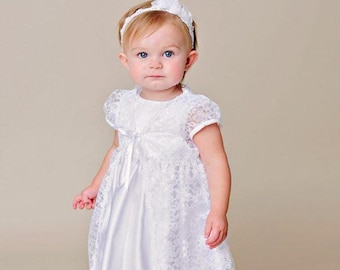 Violet Baby Girl's Lace Christening Gown, Baptism or Blessing Gown with Headband