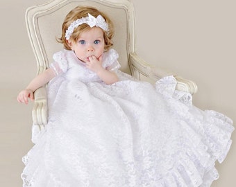 Lucy Baby Girl's Lace Christening, Baptism, Blessing Gown with Bonnet & Headband