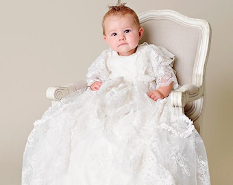 Royal Silk Satin Lace Christening Gown, Baptism, Blessing Baby Girl