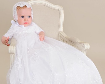 Lillian Baby Girl's Lace Christening Gown, Baptism or Blessing Gown Included Shawl, Slip & Bonnet