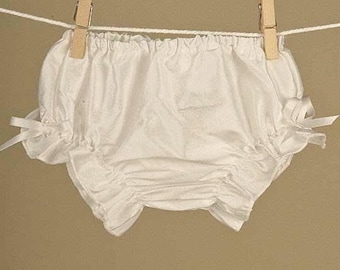 100% Silk Dupioni Ribbon Bow Diaper Cover, White Bloomers for Baby Girl's, Ribbon Bow Details