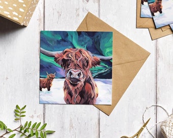 Northern Lights and Highland Cow Card