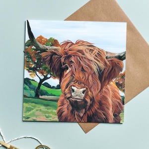Tarjeta artística de vaca de las Tierras Altas - Escena otoñal