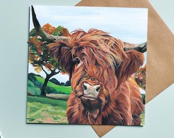 Cartolina artistica Highland Cow - Scena autunnale