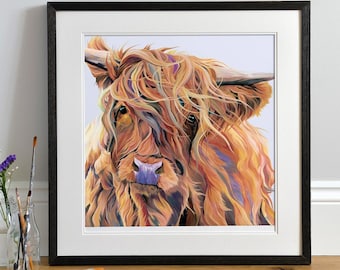 May include: A close-up portrait of a Highland cow with long, flowing, reddish-brown fur. The cow's face is visible, with a soft, gentle expression. The background is a light blue.