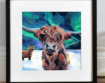 Framed Northern Lights and Highland Cow Print