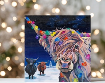 Highland Kuh und Lichter Weihnachtskarte
