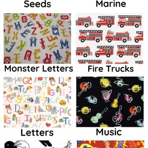 May include: A collection of fabric patterns featuring various designs. These include seed packets, marine life, monster letters, fire trucks, colorful letters, musical instruments, shadow puppets, and comic book words.
