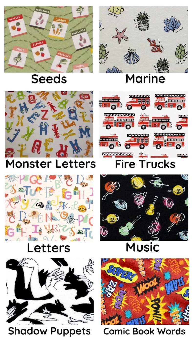 May include: A collection of fabric patterns featuring various designs. These include seed packets, marine life, monster letters, fire trucks, colorful letters, musical instruments, shadow puppets, and comic book words.