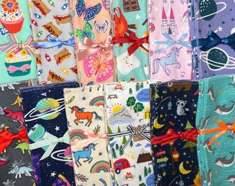 8 Pack of 10” Kids Reusable Lunchbox Napkins - Variety of Fun Prints on Soft Flannel