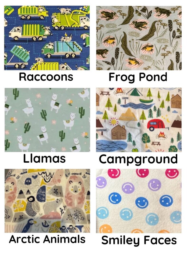May include: Fabric swatches with various patterns. Designs include raccoons in trucks, frogs in a pond, llamas with cacti, a campground scene, arctic animals, and smiley faces. Each swatch has a different color scheme.