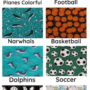 May include: Collection of fabric patterns featuring various themes. Includes colorful planes on a rainbow background, footballs on a green field, narwhals on teal, and basketballs. Also, dolphins, soccer balls, moon phases, and sports figures.