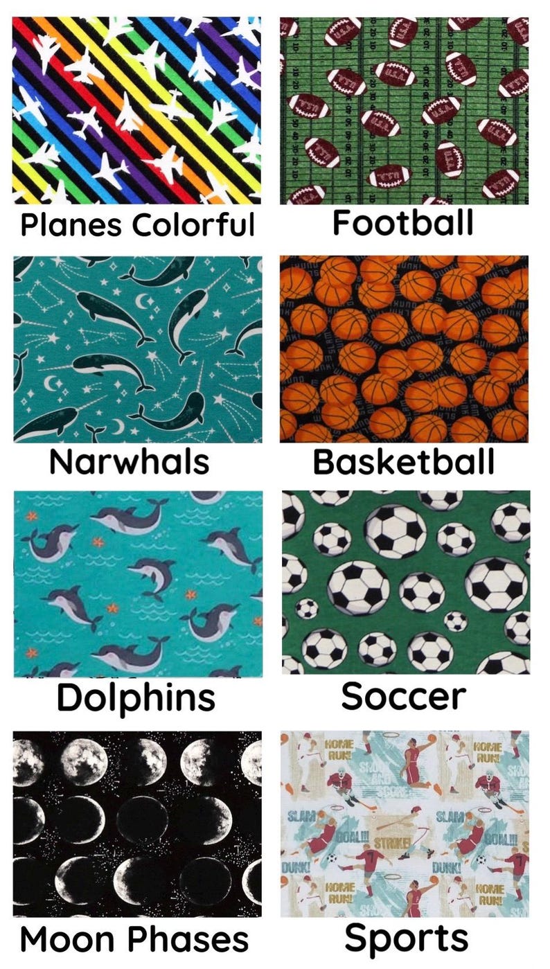 May include: Collection of fabric patterns featuring various themes. Includes colorful planes on a rainbow background, footballs on a green field, narwhals on teal, and basketballs. Also, dolphins, soccer balls, moon phases, and sports figures.