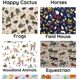 May include: A collection of fabric patterns featuring various designs. These include cacti with the text "Happy Cactus", horses, frogs, field mice, woodland animals, equestrian scenes, bunnies, and zoo animals.