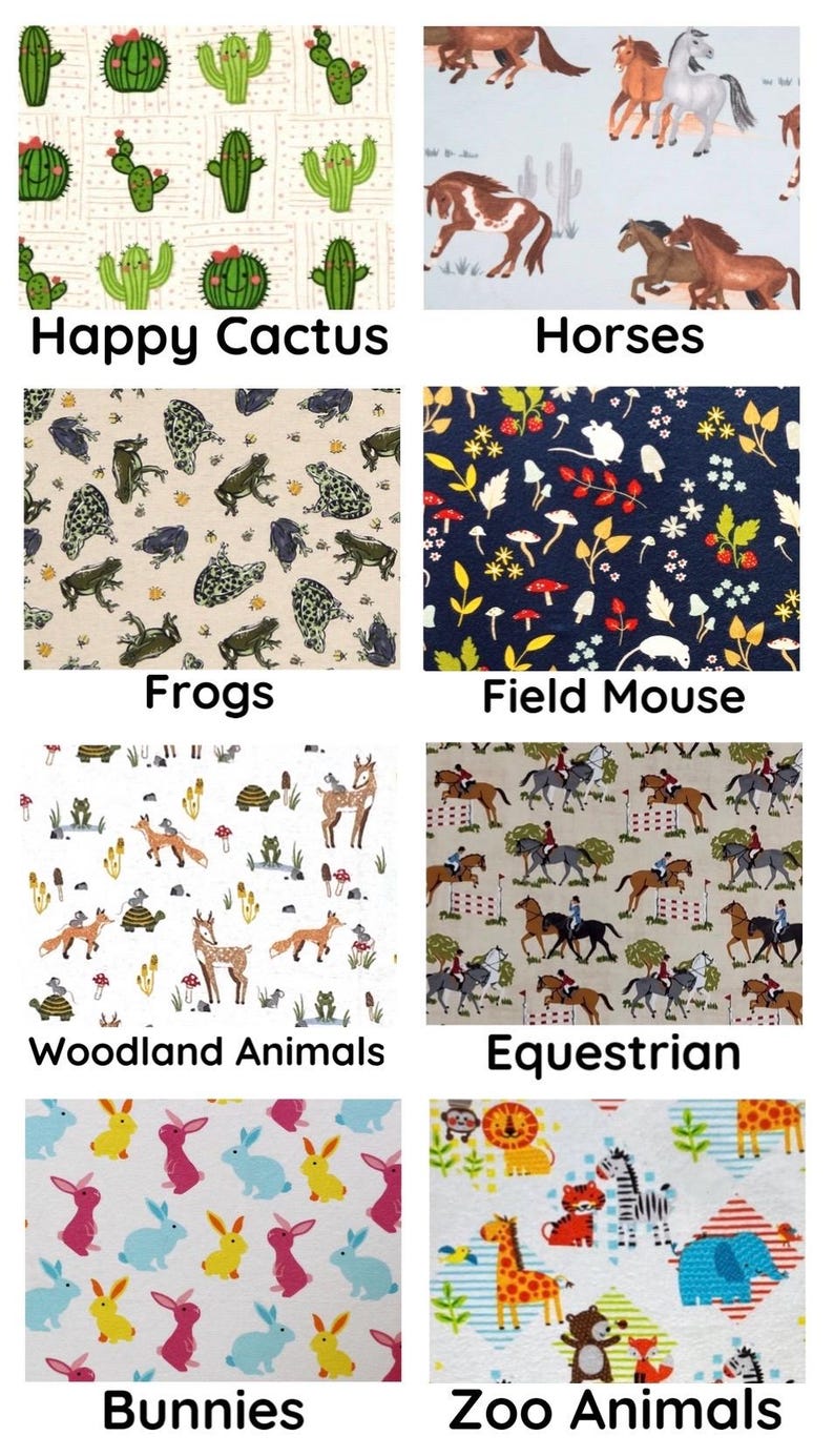 May include: A collection of fabric patterns featuring various designs. These include cacti with the text "Happy Cactus", horses, frogs, field mice, woodland animals, equestrian scenes, bunnies, and zoo animals.
