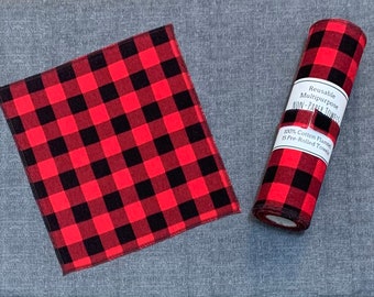 Reusable Non-Paper Towels - Set of 12 Pre-Rolled 100% Cotton Flannel Towels - Buffalo Plaid Red and Black