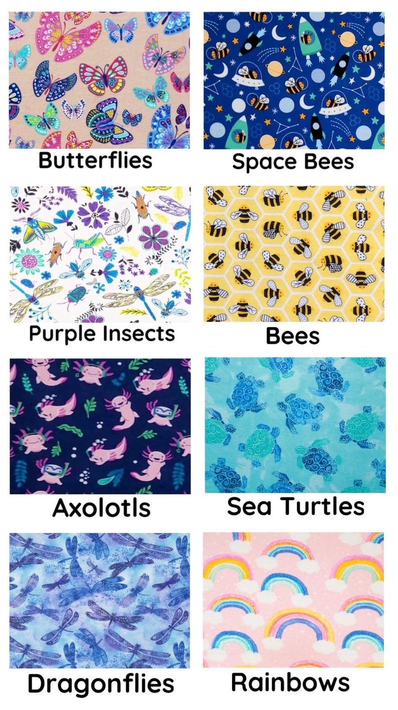 May include: A collection of fabric swatches featuring various patterns. Designs include colorful butterflies, space-themed bees, purple insects, yellow bees, axolotls, sea turtles, dragonflies, and rainbows. Each swatch has the pattern's name displayed.