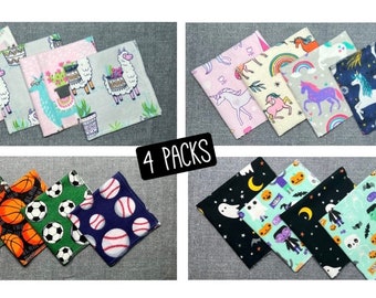 4 Pack of 10” Kids Reusable Lunchbox Napkins - Option to Personalize - Variety of Fun Prints on Soft Flannel