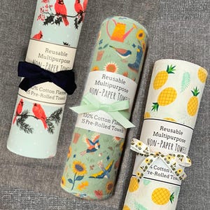 Reusable Non-Paper Towels - Set of 15 Pre-Rolled 100% Cotton Flannel Towels - Thistles or Cardinals