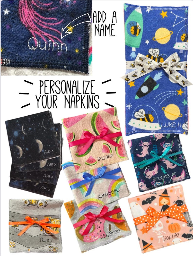 May include: A collection of personalized napkins with various designs, including space, watermelon, rainbows, and Halloween themes. Each napkin is tied with a ribbon and features a name. The text "PERSONALIZE YOUR NAPKINS" is also visible.