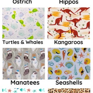 May include: A collection of fabric swatches featuring various patterns. Designs include ostriches on orange, hippos, turtles and whales, kangaroos, manatees, seashells, sea life, and leopard print. Each swatch is labeled with its design name.