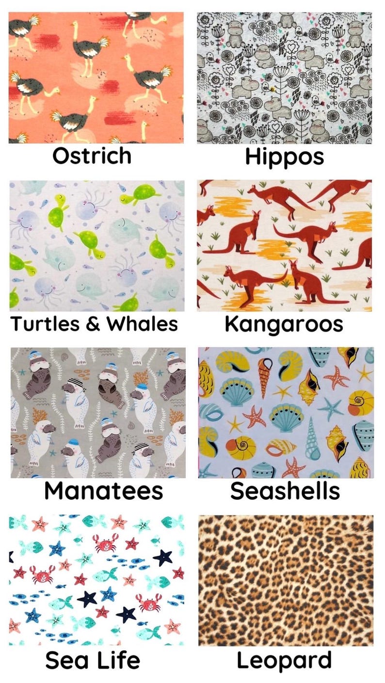 May include: A collection of fabric swatches featuring various patterns. Designs include ostriches on orange, hippos, turtles and whales, kangaroos, manatees, seashells, sea life, and leopard print. Each swatch is labeled with its design name.