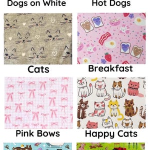 May include: Collection of fabric patterns featuring various designs. Includes "Dogs on White" with dog illustrations, "Hot Dogs" with hot dog and condiment graphics, "Cats" with cat faces, and "Breakfast" with breakfast food illustrations.