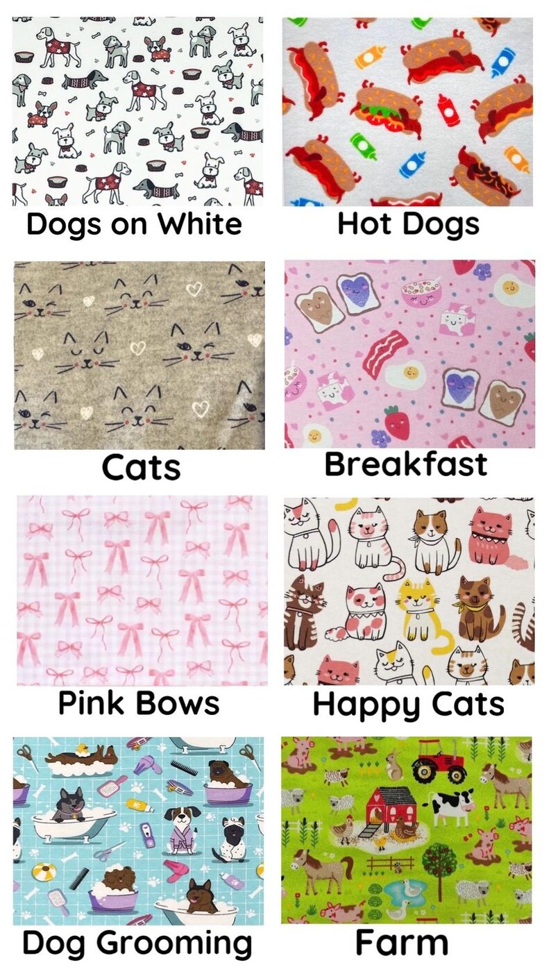 May include: Collection of fabric patterns featuring various designs. Includes "Dogs on White" with dog illustrations, "Hot Dogs" with hot dog and condiment graphics, "Cats" with cat faces, and "Breakfast" with breakfast food illustrations.