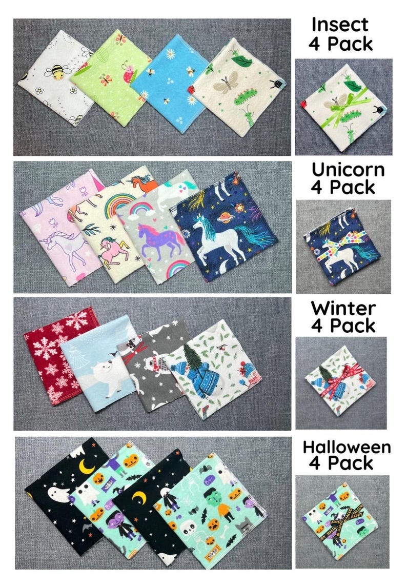 4 Pack of 10” Kids Reusable Lunchbox Napkins - Option to Personalize ...