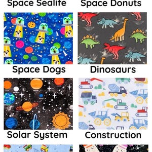 May include: A collection of fabric patterns featuring various themes. Designs include space-themed images with sea life, donuts, and dogs. Other patterns showcase dinosaurs, the solar system, construction vehicles, trains, and bug jars in a starry night setting.