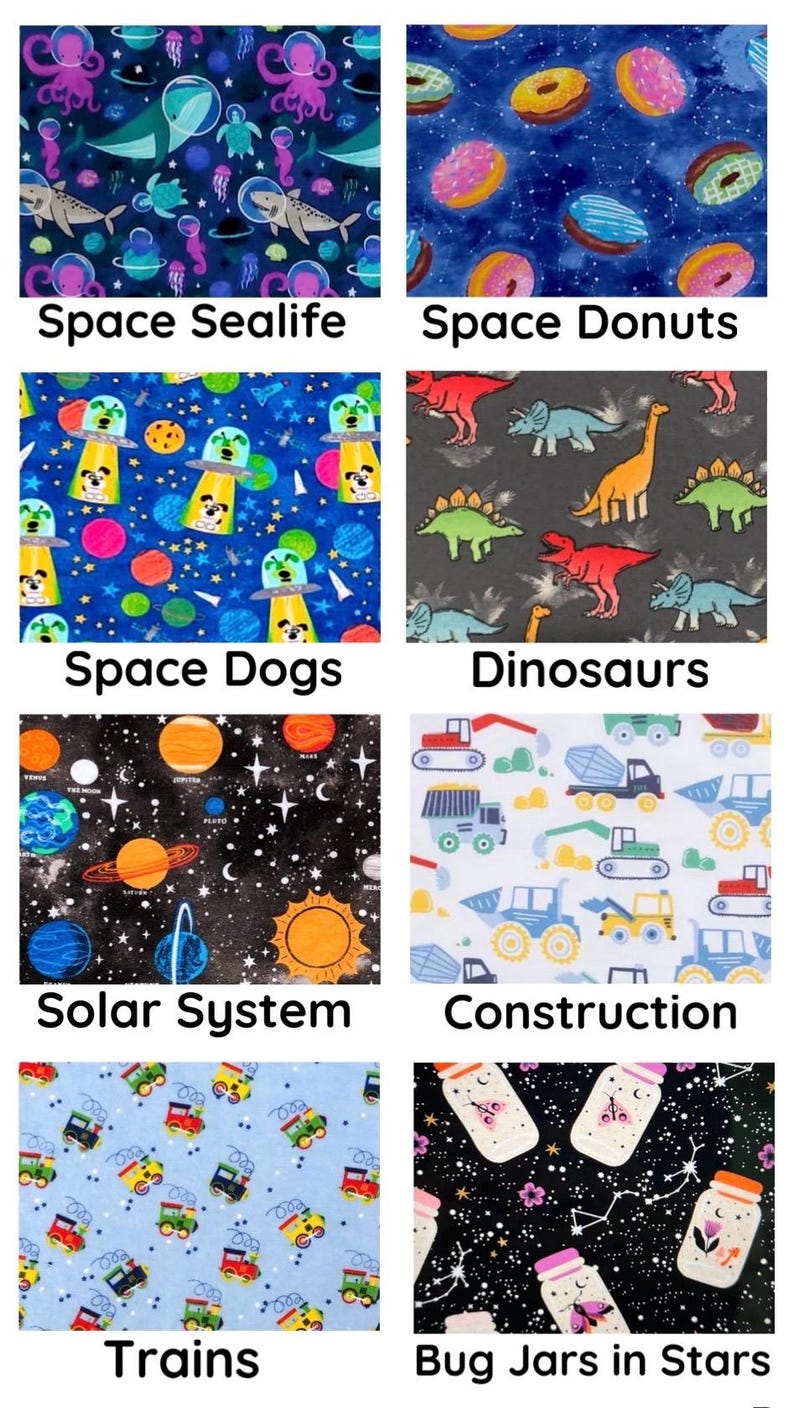 May include: A collection of fabric patterns featuring various themes. Designs include space-themed images with sea life, donuts, and dogs. Other patterns showcase dinosaurs, the solar system, construction vehicles, trains, and bug jars in a starry night setting.