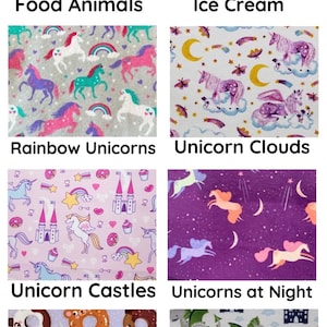May include: A collection of fabric swatches with various patterns. Designs include "Food Animals" with cartoon animals and food items, "Ice Cream" with ice cream cones, "Rainbow Unicorns", "Unicorn Clouds", "Unicorn Castles", "Unicorns at Night", "Donut Animals", and "Dragons".