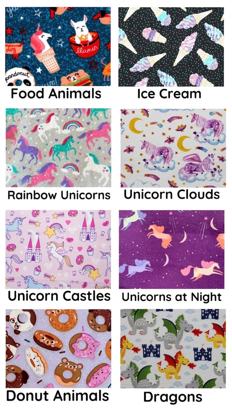 May include: A collection of fabric swatches with various patterns. Designs include "Food Animals" with cartoon animals and food items, "Ice Cream" with ice cream cones, "Rainbow Unicorns", "Unicorn Clouds", "Unicorn Castles", "Unicorns at Night", "Donut Animals", and "Dragons".