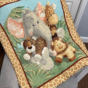 Jungle Babies Quilt with options to add Matching Cloth Book, Animal Baby Rattle, Toddler Pillowcase and Soft Jungle Themed Baby Toy