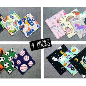 4 Pack of 10” Kids Reusable Lunchbox Napkins - Option to Personalize - Variety of Fun Prints on Soft Flannel