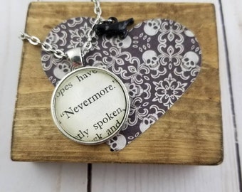 Nevermore Pendant, " The Raven" Book Page Necklace, Edgar Allan Poe Quote