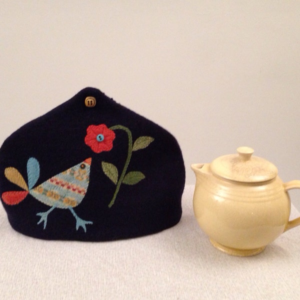 Colorful upcycled-recycled wool bird and flower tea cozy made from sweaters