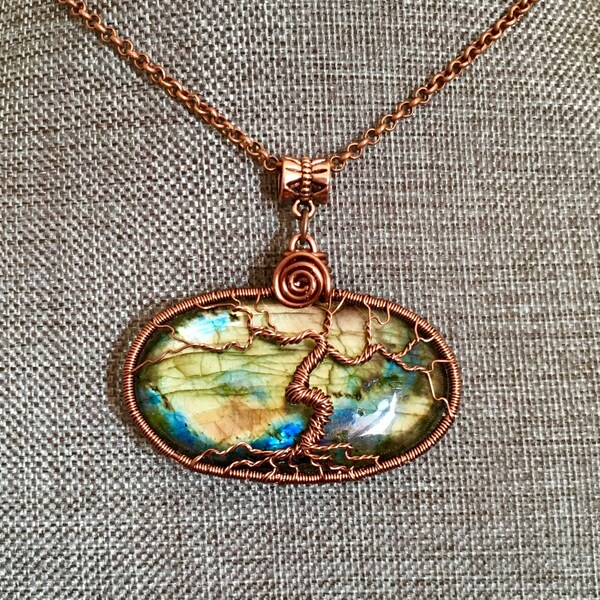 Wire wrapped, labradorite, tree of life, handmade pendant