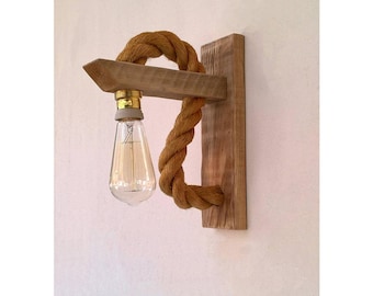 Reclaimed wood sconce with rope, Rope wall lamp  lighting