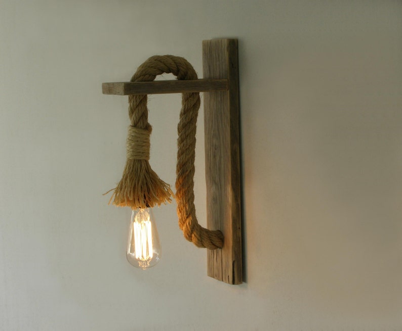 Wooden wall lamp with rope, Reclaimed wood wall lamp with rope, Rope wall lamp lighting image 1