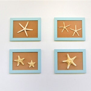 Set of 4 frame Beach Wall Decor with pale turquoise Frame and oritzinal starfish, Coastal Wall Decor, Shell Art, Coastal Decor, Beach Art image 1