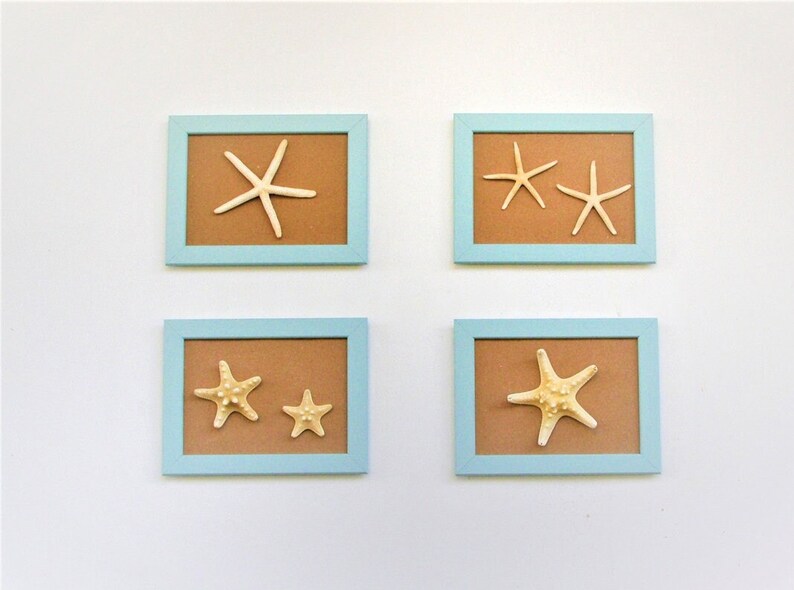 Set of 4 frame Beach Wall Decor with pale turquoise Frame and oritzinal starfish, Coastal Wall Decor, Shell Art, Coastal Decor, Beach Art image 1