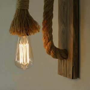 Wooden wall lamp with rope, Reclaimed wood wall lamp with rope, Rope wall lamp lighting image 5