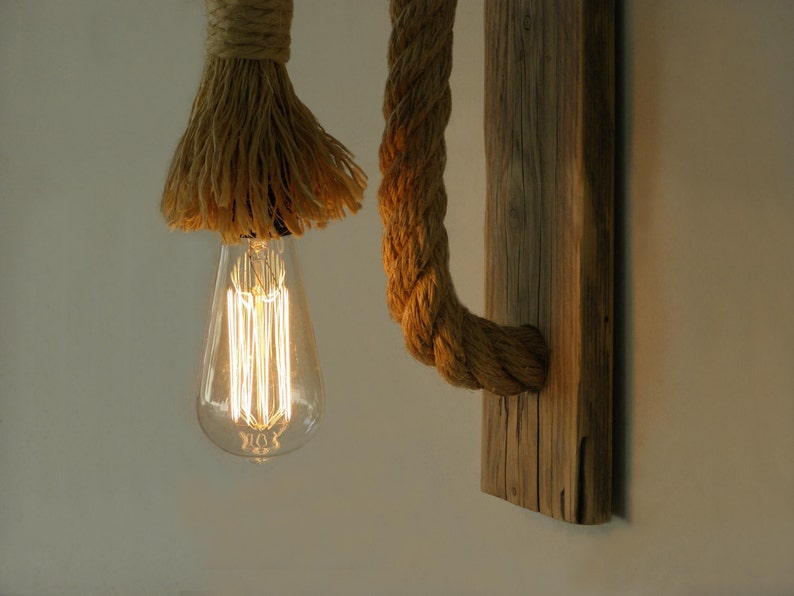 Wooden wall lamp with rope, Reclaimed wood wall lamp with rope, Rope wall lamp lighting image 5