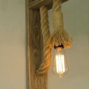 Wooden wall lamp with rope, Reclaimed wood wall lamp with rope, Rope wall lamp lighting image 2