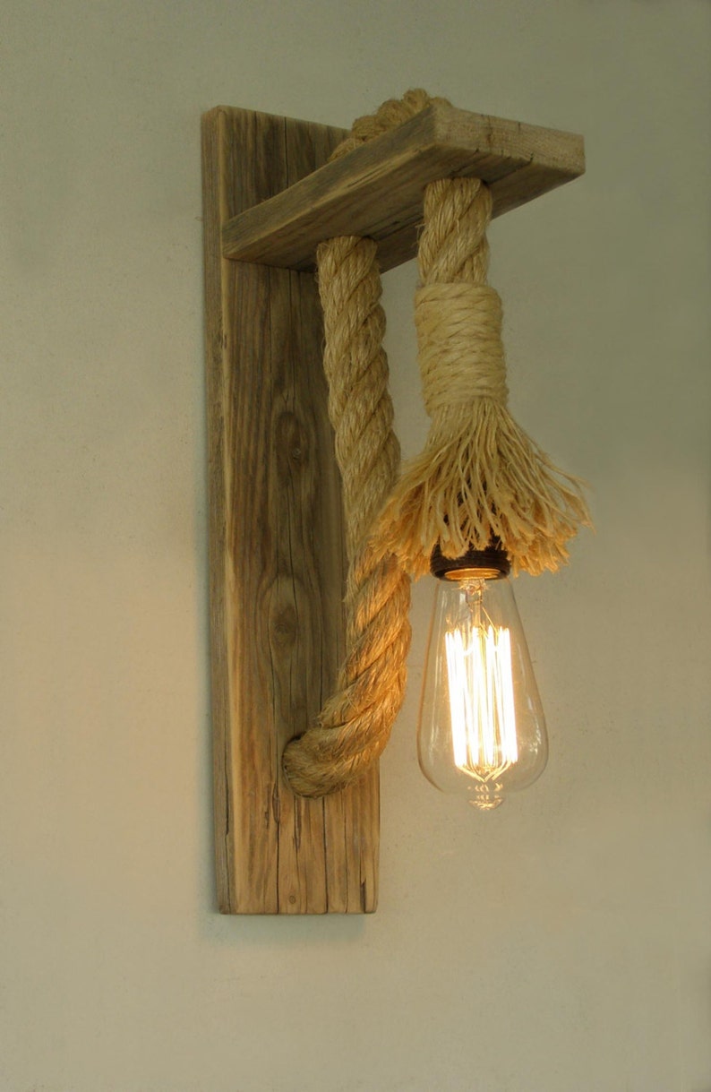 Wooden wall lamp with rope, Reclaimed wood wall lamp with rope, Rope wall lamp lighting image 2