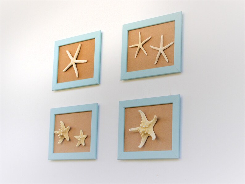 Set of 4 frame Beach Wall Decor with pale turquoise Frame and oritzinal starfish, Coastal Wall Decor, Shell Art, Coastal Decor, Beach Art image 4