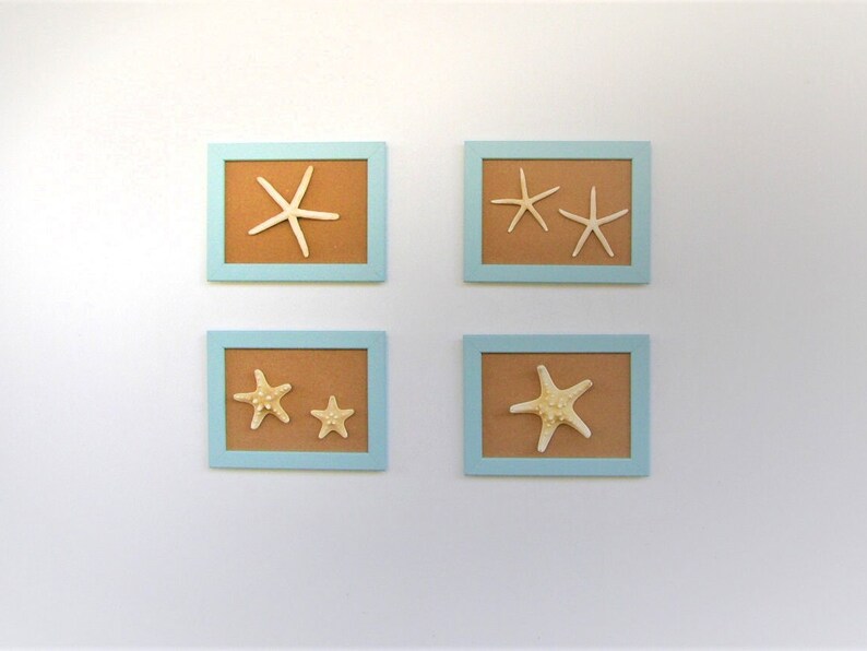 Set of 4 frame Beach Wall Decor with pale turquoise Frame and oritzinal starfish, Coastal Wall Decor, Shell Art, Coastal Decor, Beach Art image 2