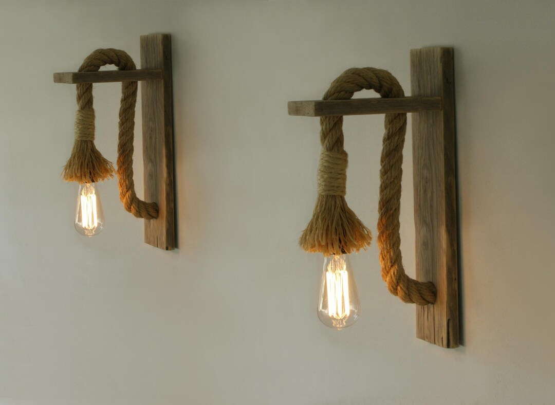 Wood Rope Base Lamp Wall Lamp With Rope, Pair of Wood Sconce With Rope, Industrial Lighting ...